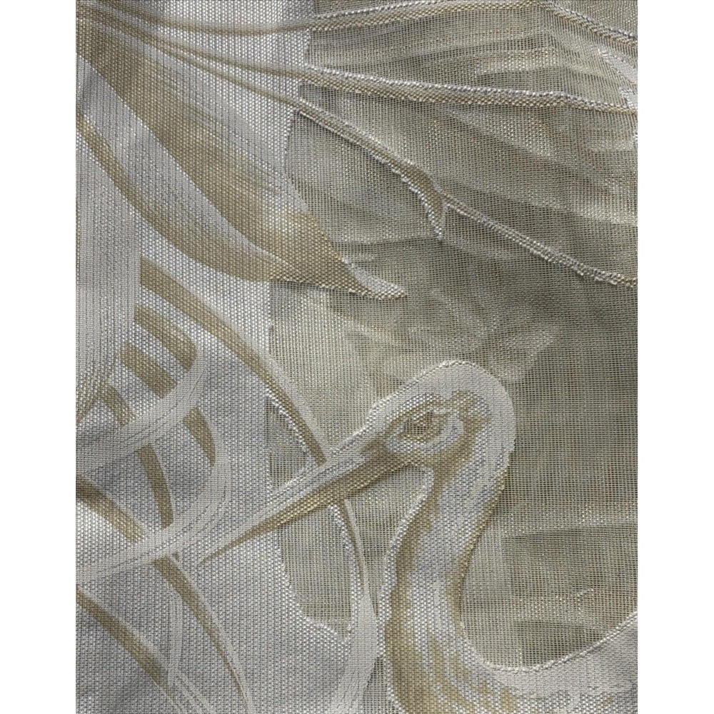 Vintage Sheer Lace Curtain Panel Fabric Cranes Bamboo Chinoiserie Ivory Asian